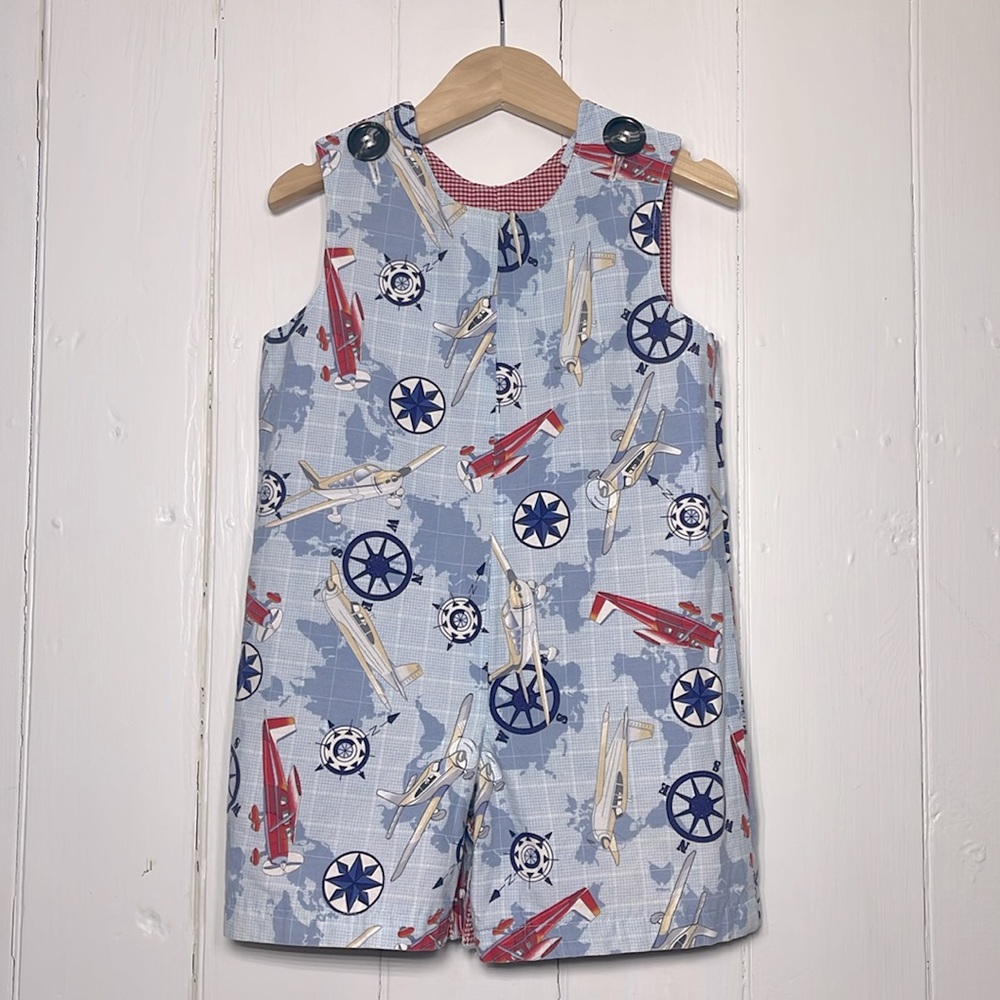 CUSTOM MADE Boys Reversible Jet Plane Gingham w/ Football John John Romper